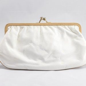 Vintage Italian Leather Clutch Purse White Tan Kiss Lock Double Frame Made Italy
